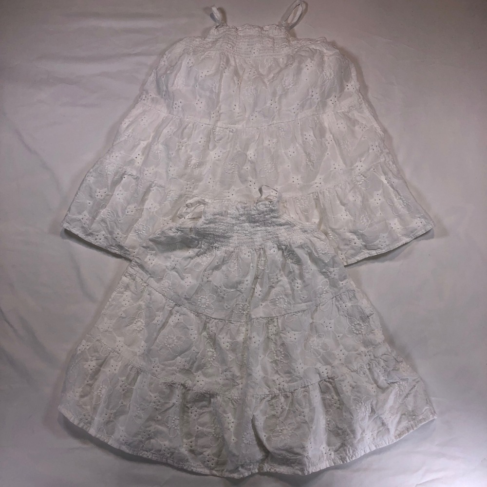 White Cotton Eyelet Smocked Tiered Summer Dress Bundle of 2 Kids